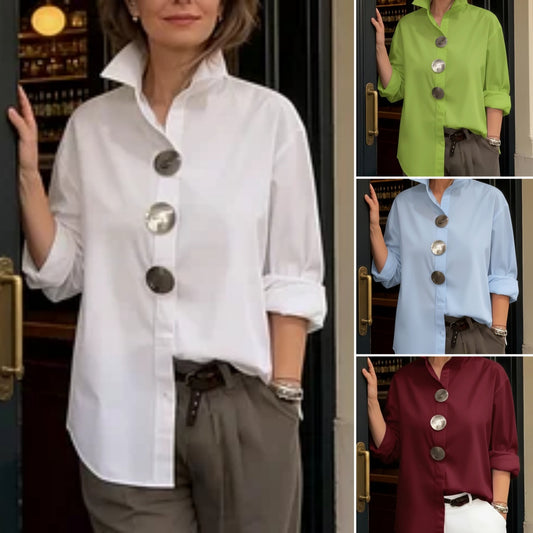 ⏰Novedad 2026🤩Elegante y con estilo❤️👉Camisa de mujer de algodón y lino, cuello mao, botones metálicos