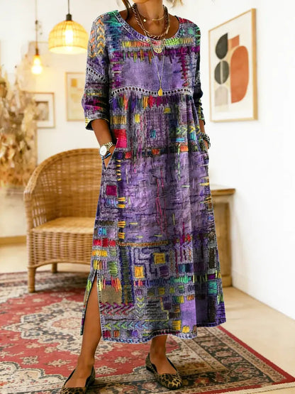 ✨ Zadnji dan 50% popusta!【S-5XL】Poletna retro obleka z okroglim izrezom in potiskom, lahka in zračna, oprijeta in enostavna za kombiniranje.