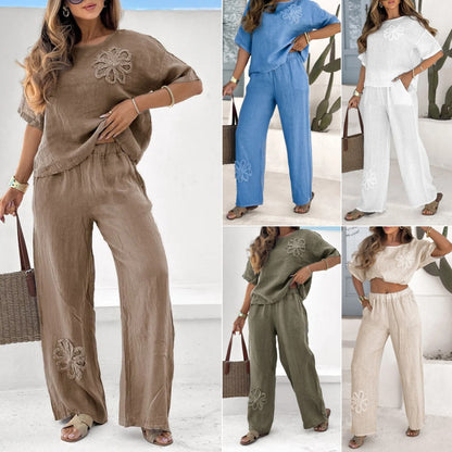 【40-120 kg】【S-5XL】👩‍💼Elegantní dvoudílná souprava s vyšívanými květinami pro ženy 【Top + kalhoty】