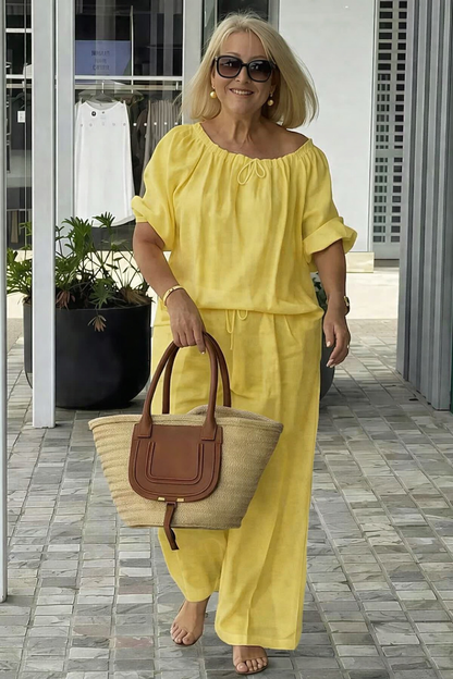 👑💃Conjunto de Verano 2026 – Algodón y Lino de Corte Holgado 【Blusa de Cuello Redondo con Cordón + Pantalones】