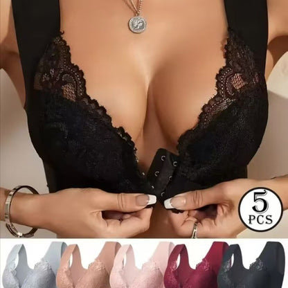 💖Precio más bajo por tiempo limitado【Conjunto de 5 piezas】【40-100KG】😍🩲Sujetador con efecto lifting y precioso encaje en la espalda, talla grande, con corte push-up y cierre frontal