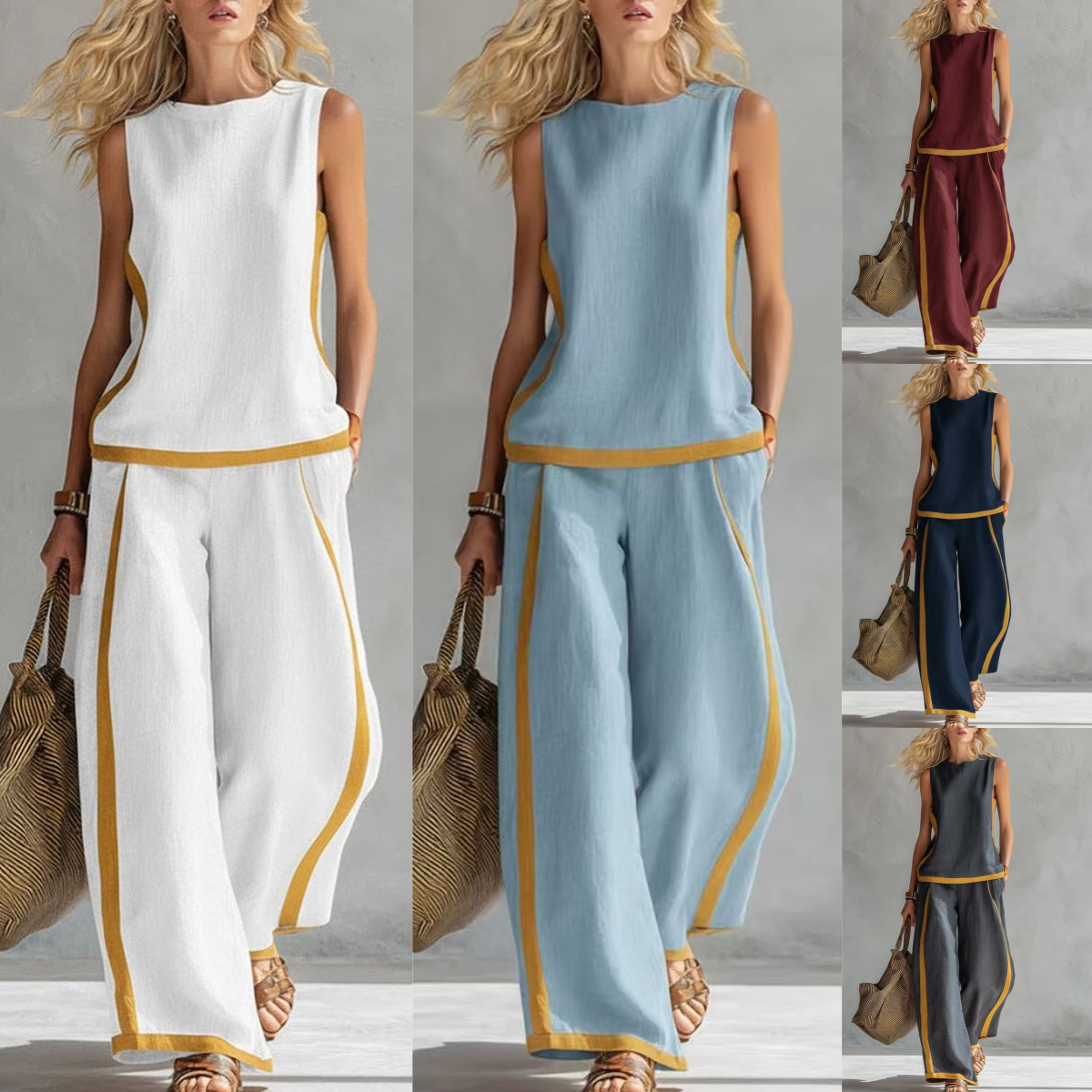 🔥 ¡Nueva llegada de verano! 😍 2026 Nuevo conjunto moderno de dos piezas para mujer: top sin mangas con detalles en contraste y pantalones de pierna ancha - Estilo veraniego, casual y chic.
