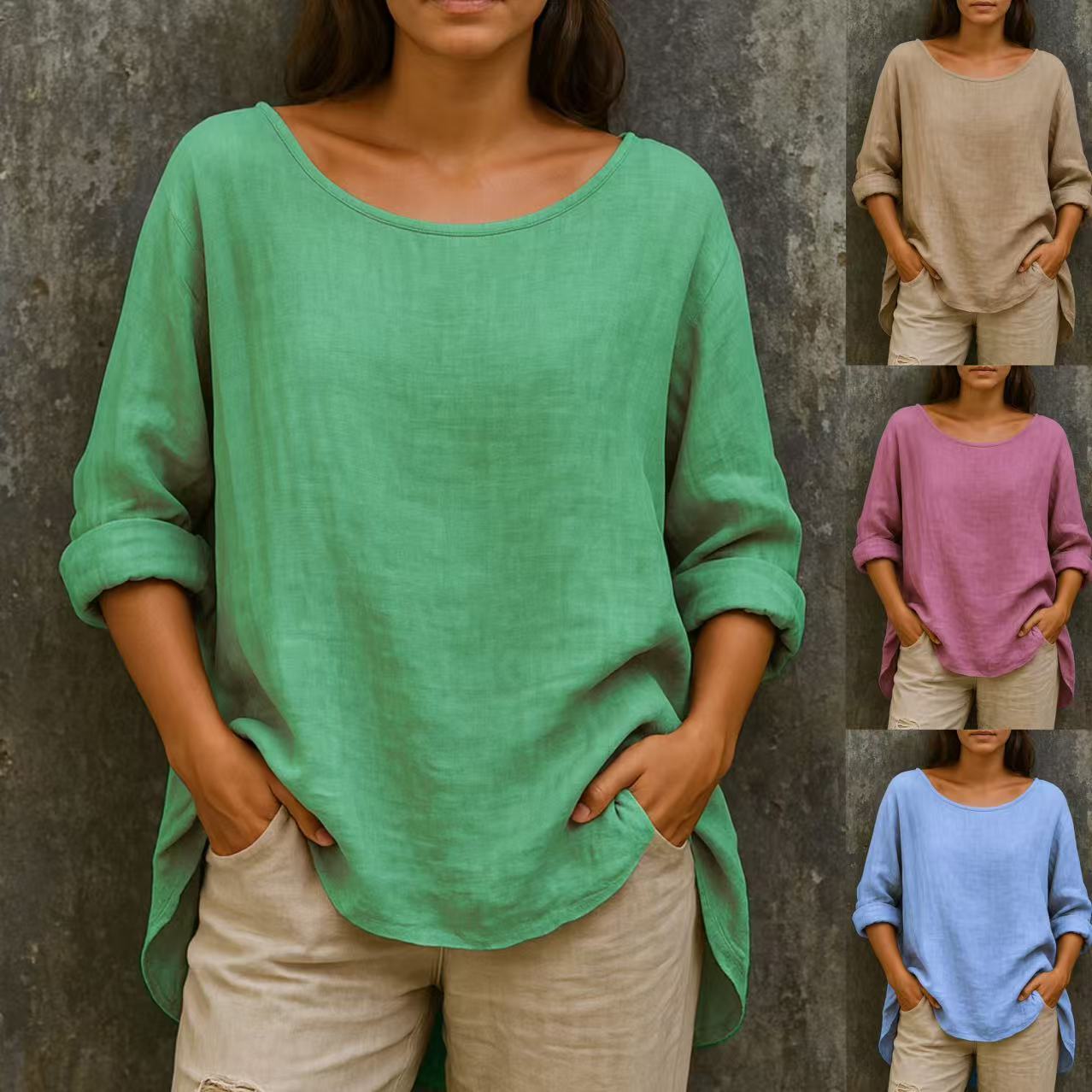 Pago contra reembolso 🦋🦋【S-3XL】Camiseta holgada y moderna de algodón y lino, con cuello redondo y estilo retro, para mujeres de tallas grandes.