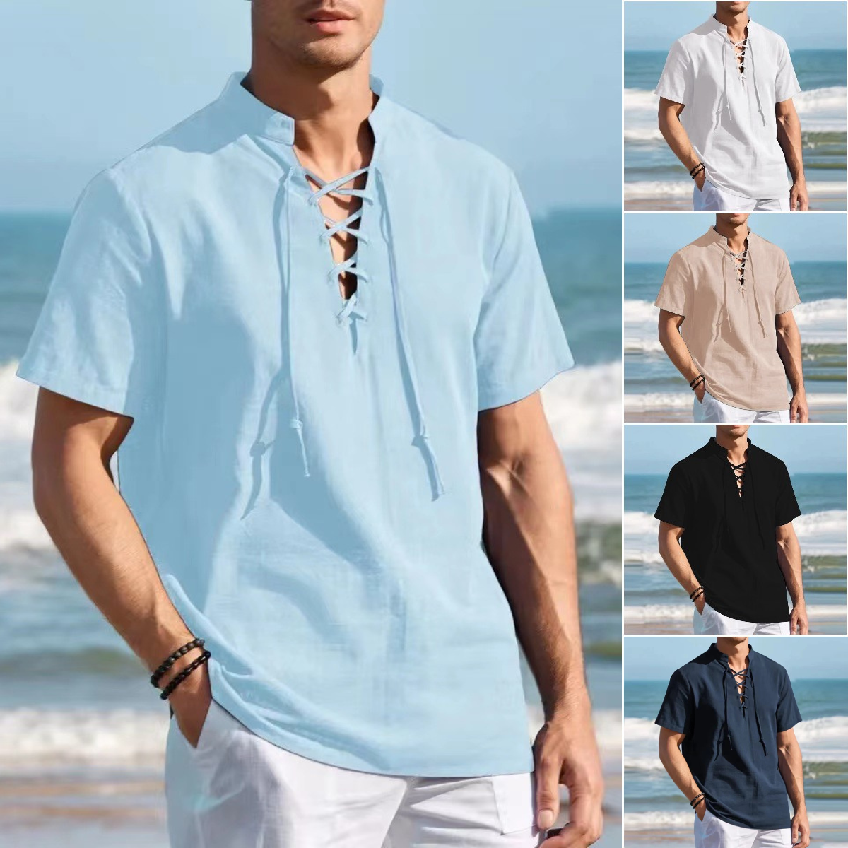 🏄‍♂️👔【Sleva 50 % 🔥】【S–3XL】Pánské Henley tričko z bavlny a lnu, ve větších velikostech, s výstřihem do V a dekorativní šňůrkou