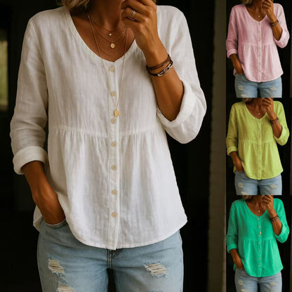 【S-3XL】Camisa de mujer de mezcla de lino y algodón con cuello en V
