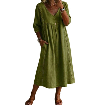 ✅ 【Oferta por tiempo limitado: Tallas S–3XL】 Vestido casual de lino y algodón, de corte holgado y cuello en V, con detalles de encaje.