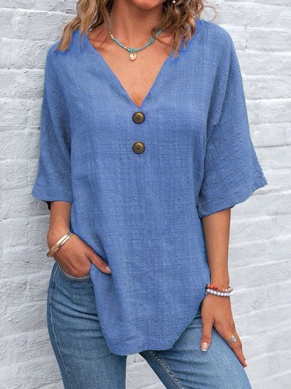 ☀️ Ležérní lněná halenka s V-výstřihem a retro knoflíky | Maximální pohodlí ✨