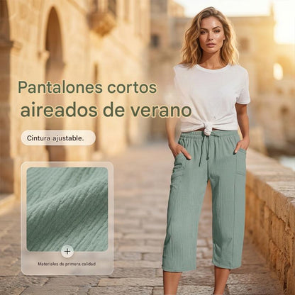🌸Pantalones cropped plisados de color sólido para mujer, de algodón y lino