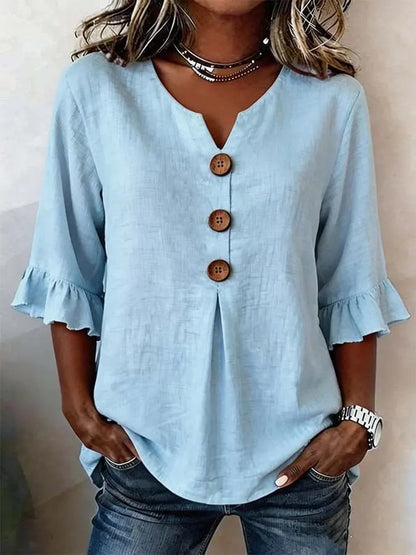 🔥🌺【S-3XL】 Nueva camisa de mujer con cuello en V y volantes, mezcla de algodón y lino, cierre de botones: simple y elegante.