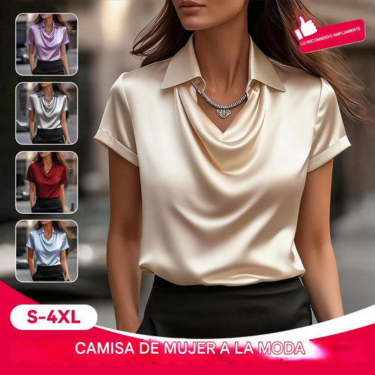 Camisa de satén de manga corta para mujer, sencilla y elegante.