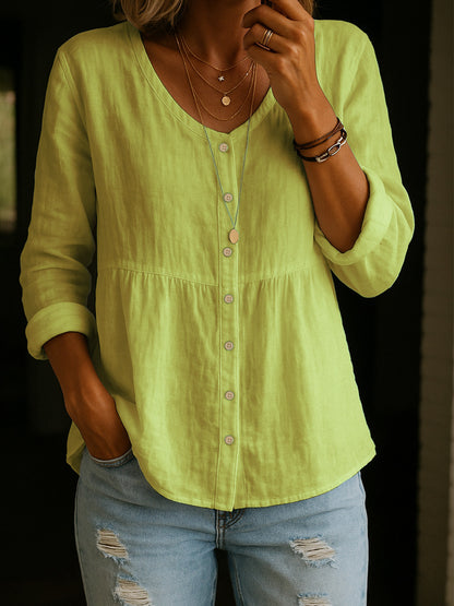 【S-3XL】Camisa de mujer de mezcla de lino y algodón con cuello en V