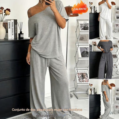 【S-5XL】Conjunto 2026: Camiseta elegante de manga corta con hombros descubiertos + Pantalones holgados con cordón y zapatos anchos 😍 ¡Imprescindible para el verano!