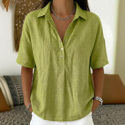 ⏳ Poslední den, sleva 50 %! ✨【S-3XL】Dámská bavlněná a lněná košile s krátkým rukávem, úzký střih, všestranná, prodyšná, pohodlná a bezstarostná.